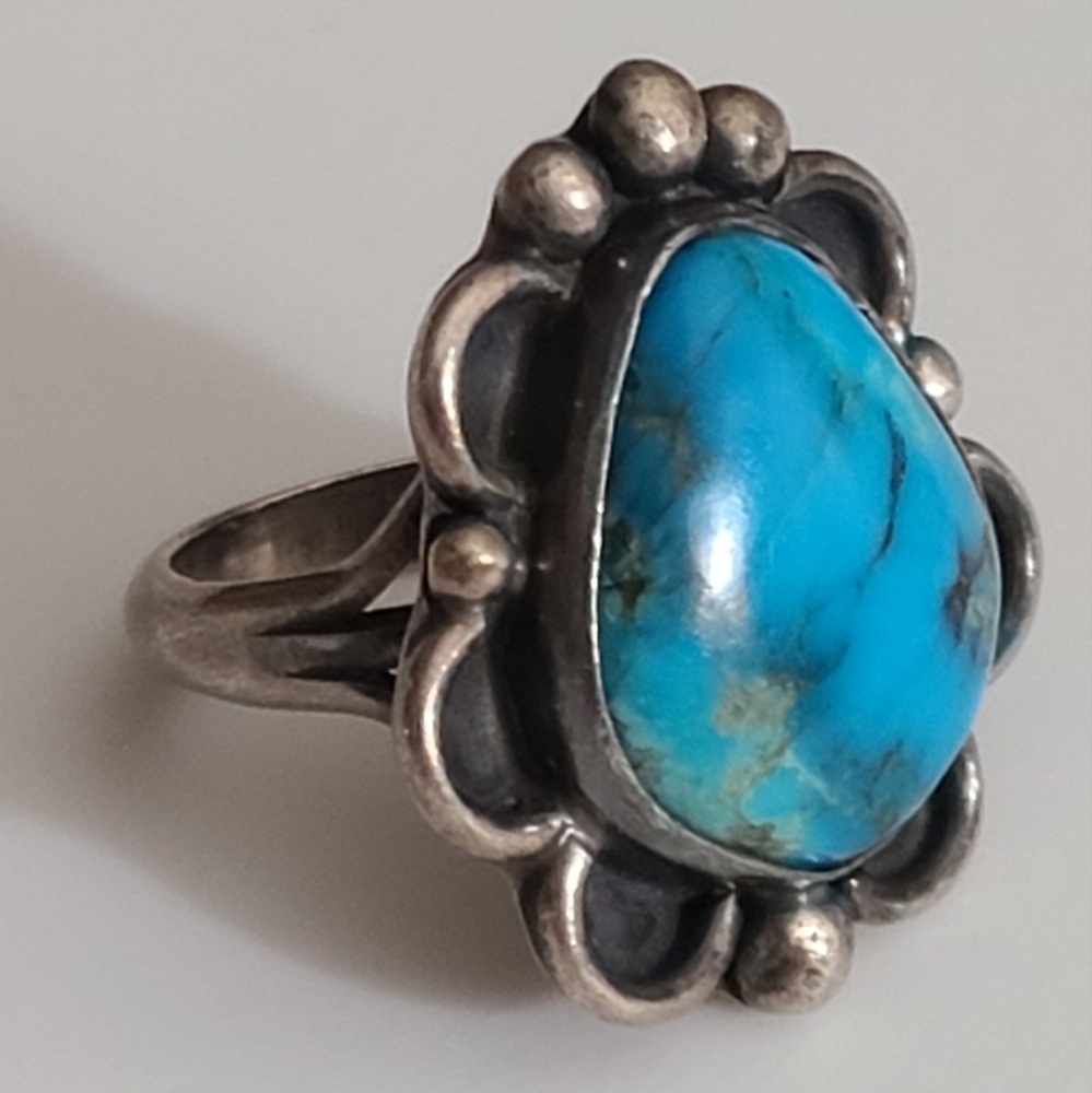 Vintage navajo ring squash blossom morenci turquoise sterling sz 5.5 big Stone